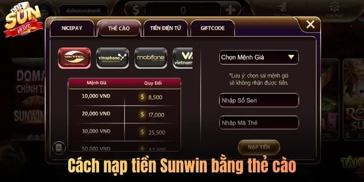 Hướng dẫn nạp tiền Sunwin với từng phương thức