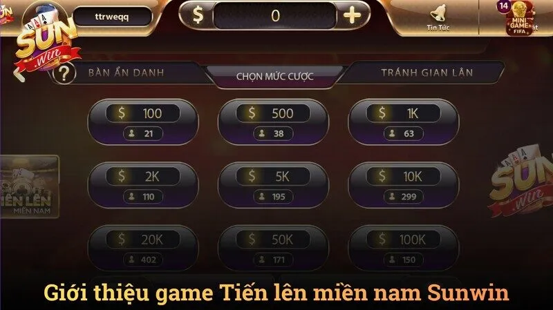 Tổng quan giao diện sảnh chờ Tiến lên miền nam Sunwin