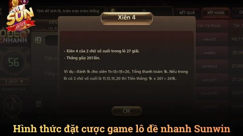 Hình thức đặt cược và tỷ lệ thưởng của Lô đề nhanh Sunwin